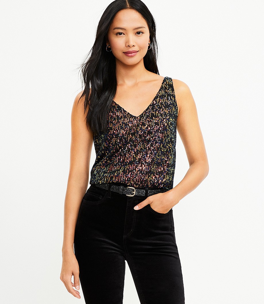Petite Sequin Double V Shell