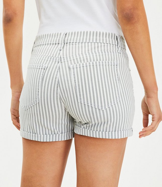 Mid Rise Denim Roll Shorts in Medium Grey Stripe