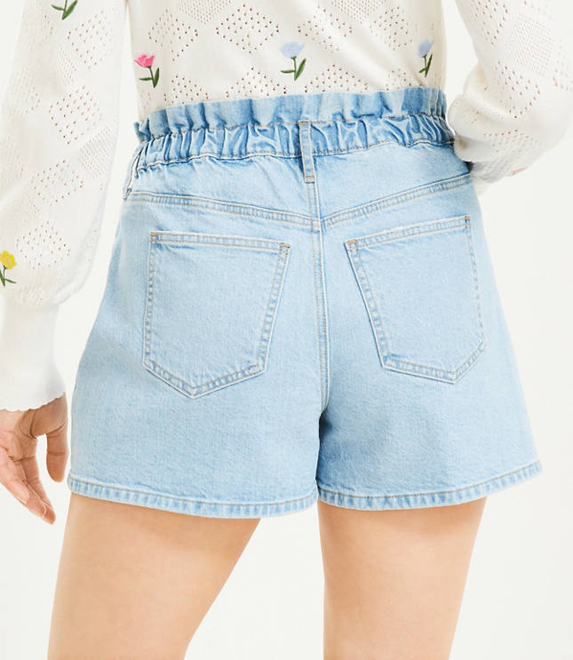 High Rise Paperbag Pull On Denim Shorts in Vivid Light Indigo Wash