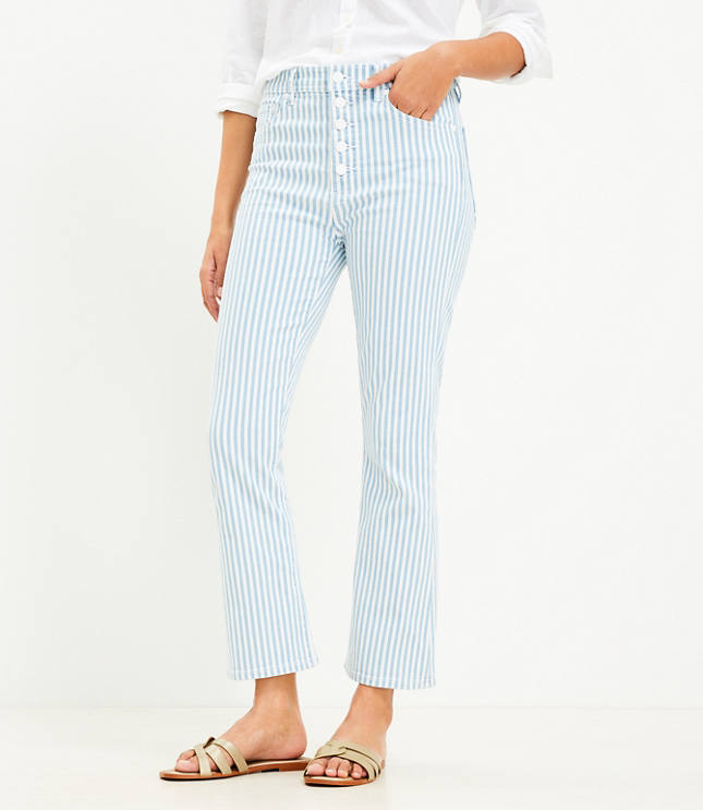 Button Front High Rise Kick Crop Jeans in Blue Railroad Stripe