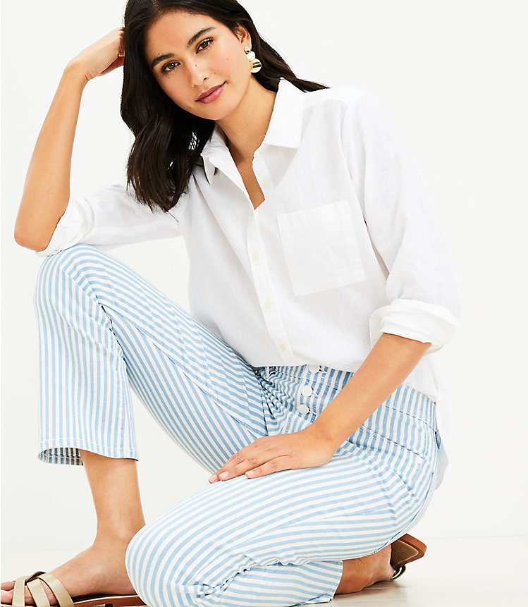 Button Front High Rise Kick Crop Jeans in Blue Railroad Stripe image number 1