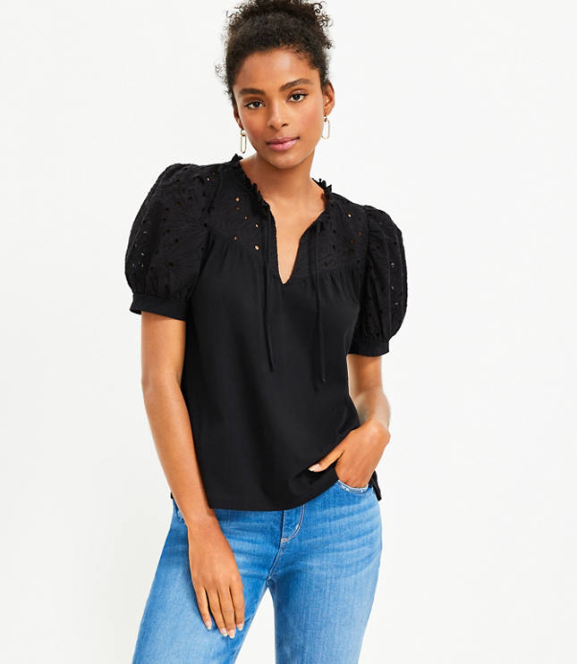 Eyelet Tie Neck Puff Sleeve Mixed Media Top