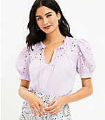 Eyelet Tie Neck Puff Sleeve Mixed Media Top carousel Product Image 1