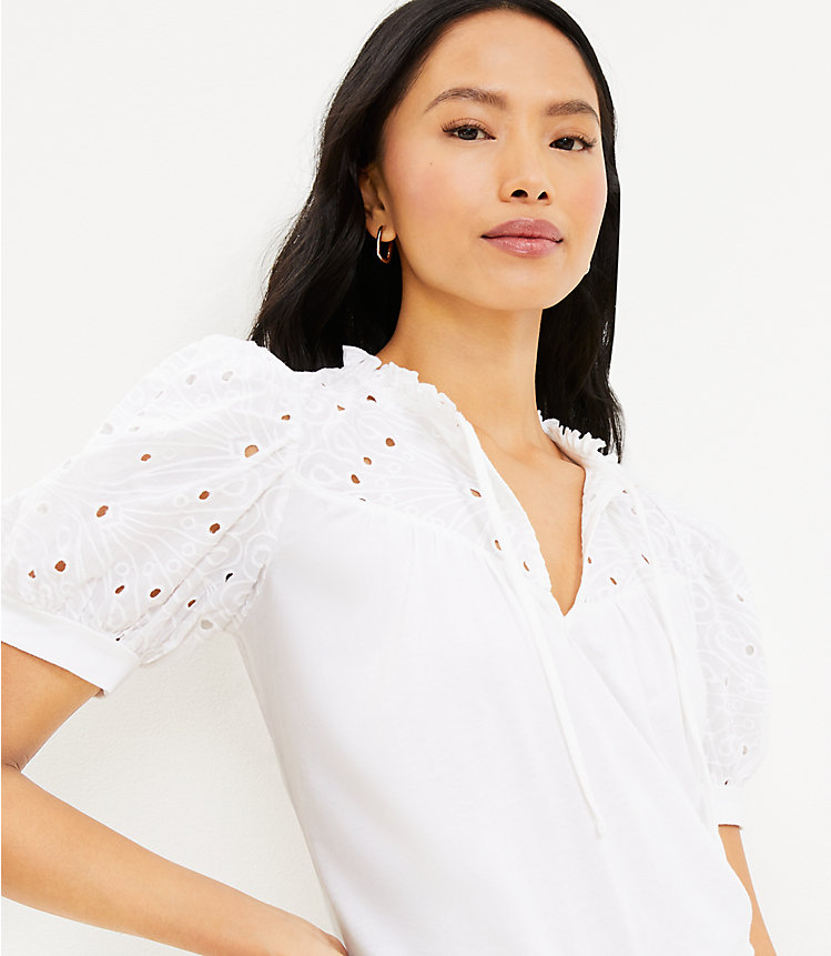 Eyelet Tie Neck Puff Sleeve Mixed Media Top image number 1
