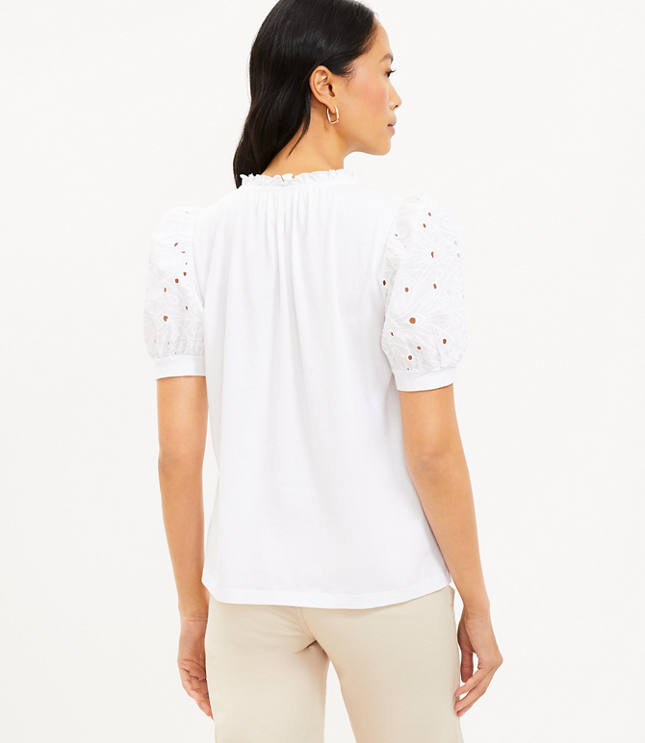 Eyelet Tie Neck Puff Sleeve Mixed Media Top