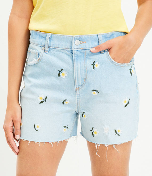 High Rise Frayed Cut Off Denim Shorts in Floral Embroidered Stone Wash - Embroidered Stone Wash