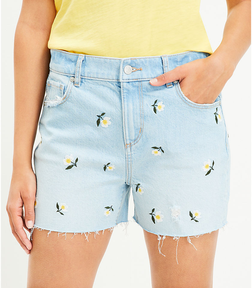 High Rise Frayed Cut Off Denim Shorts in Floral Embroidered Stone Wash