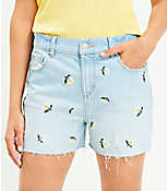 High Rise Frayed Cut Off Denim Shorts in Floral Embroidered Stone Wash carousel Product Image 2