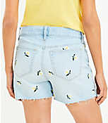 High Rise Frayed Cut Off Denim Shorts in Floral Embroidered Stone Wash carousel Product Image 3