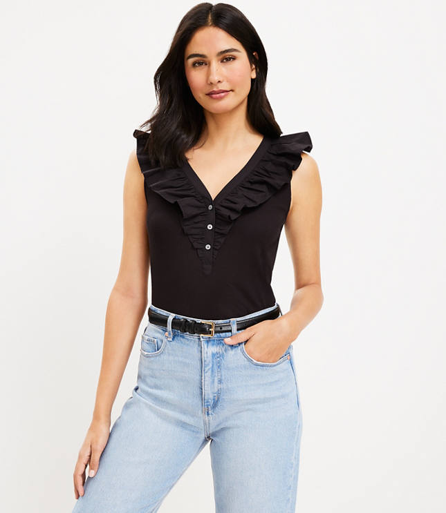 Ruffle Mixed Media V-Neck Top