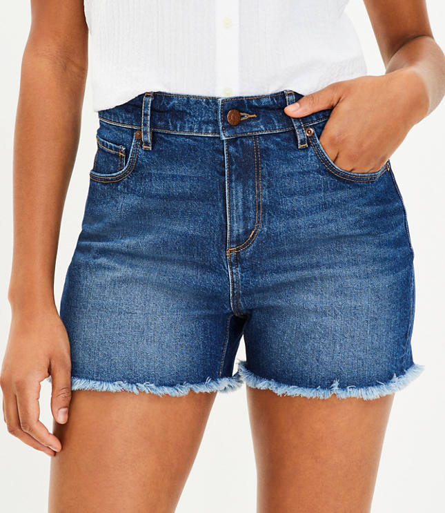 High Rise Frayed Cut Staple Denim in Wash Shorts Mid Indigo Off