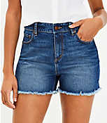 High Rise Frayed Cut Off Denim Shorts in Staple Mid Indigo Wash carousel Product Image 2