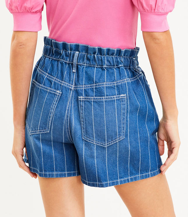 High Rise Paperbag Pull On Denim Shorts in Stripe