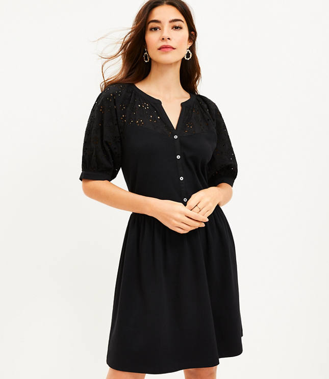 Eyelet Button Mixed Media Swing Dress