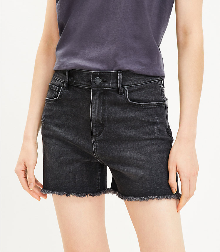 High Rise Frayed Cut Off Denim Shorts in Washed Black Wash image number 1