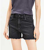 High Rise Frayed Cut Off Denim Shorts in Washed Black Wash carousel Product Image 2