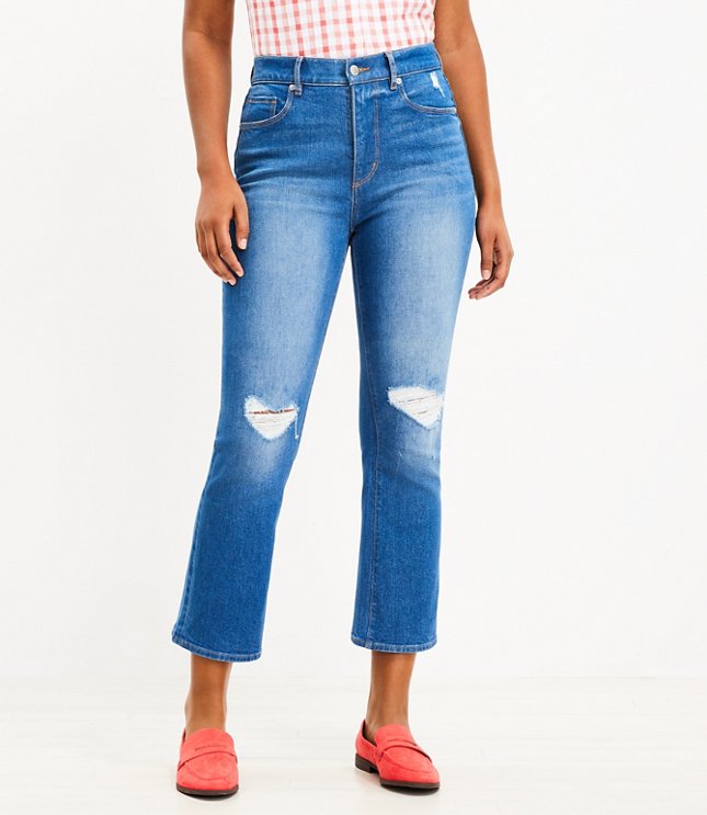 Destructed High Rise Kick Crop Jeans in Mid Wash