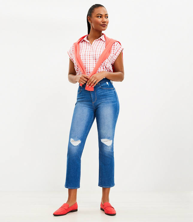 Mid rise destructed slim crop jeans