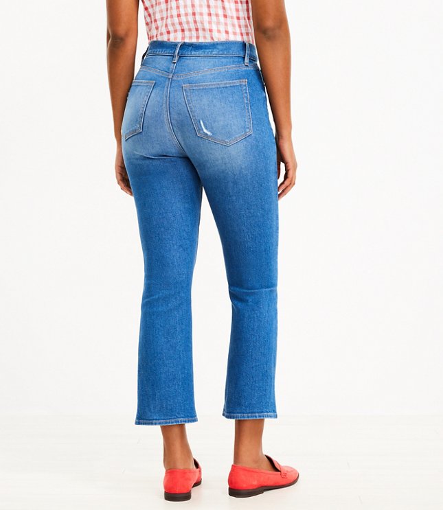Destructed High Rise Kick Crop Jeans in Mid Wash