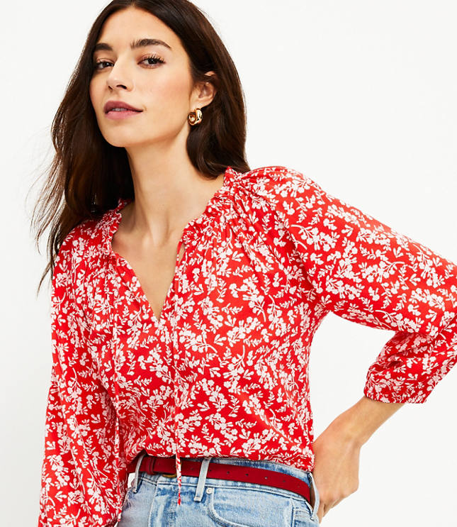 Floral Ruffle Tie Neck Blouse