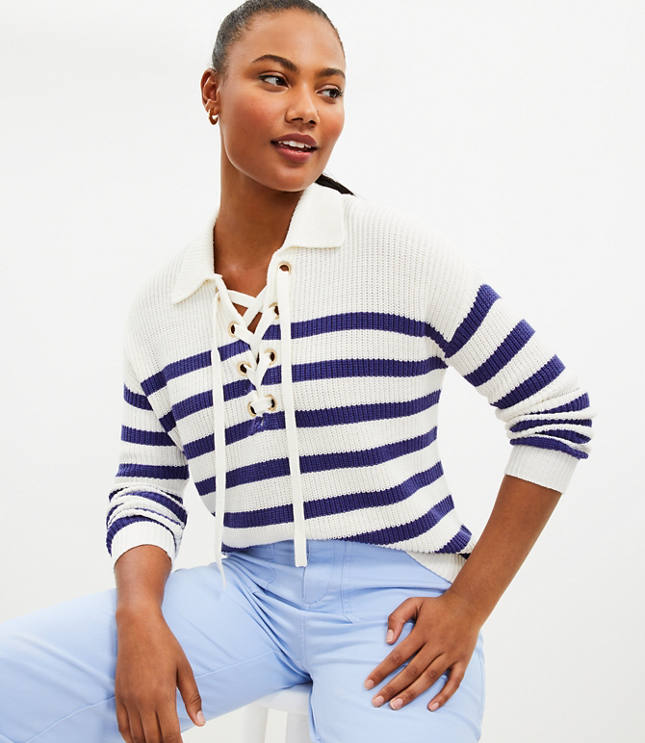 Striped Lace Up Polo Sweater