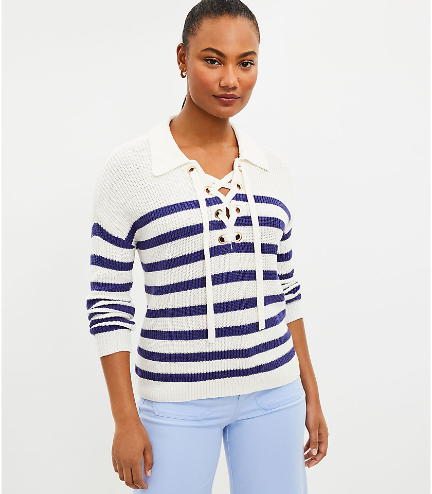 Striped Lace Up Polo Sweater