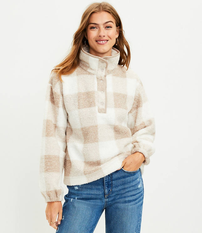 Petite Plaid Sherpa Snap Collar Top