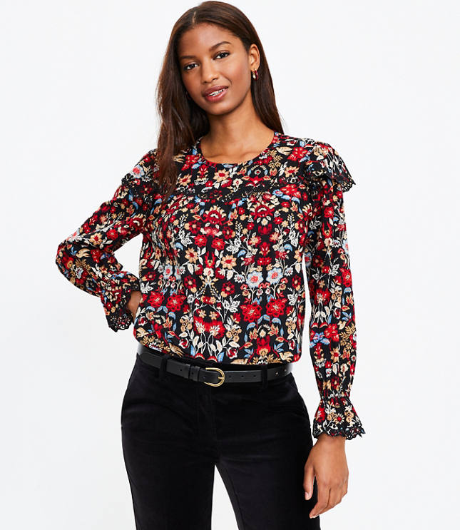 Petite Forest Ruffle Scalloped Yoke Top