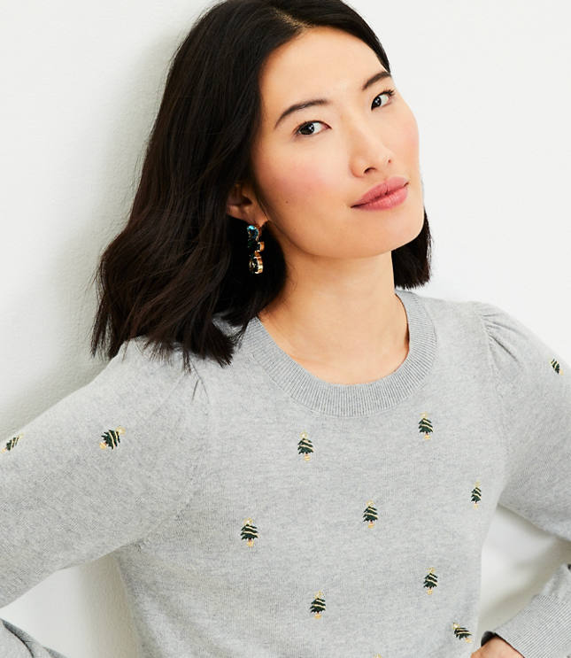 Petite Holiday Tree Puff Sleeve Sweater