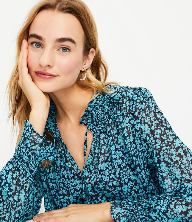 Floral Ruffle Tie Neck Blouse