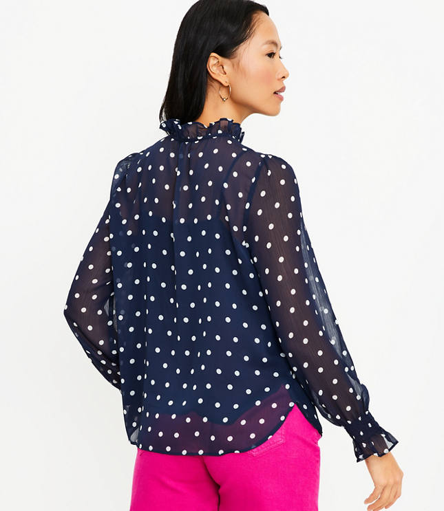 Dotted Ruffle Tie Neck Blouse