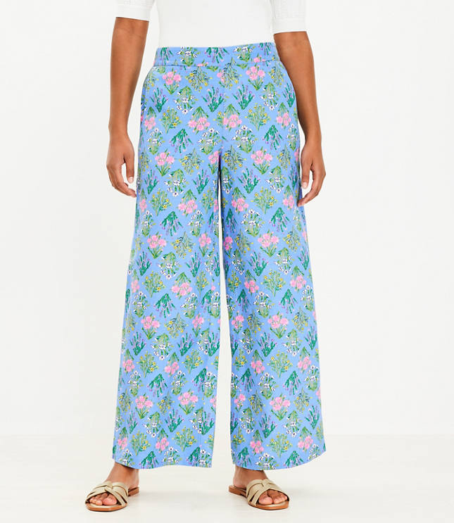 Fluid Wide Leg Pants in Bouquet Linen Blend - Ultramarine