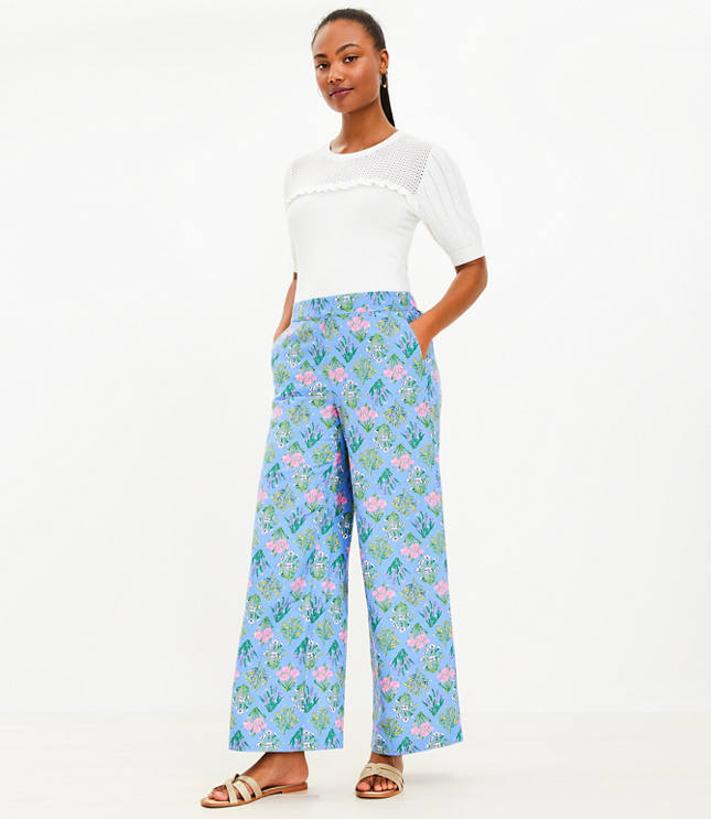 Fluid Wide Leg Pants in Bouquet Linen Blend - Ultramarine