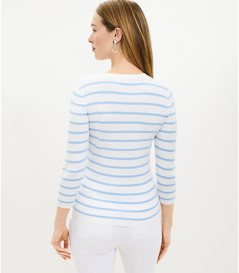 Striped 3/4 Sleeve Henley Sweater