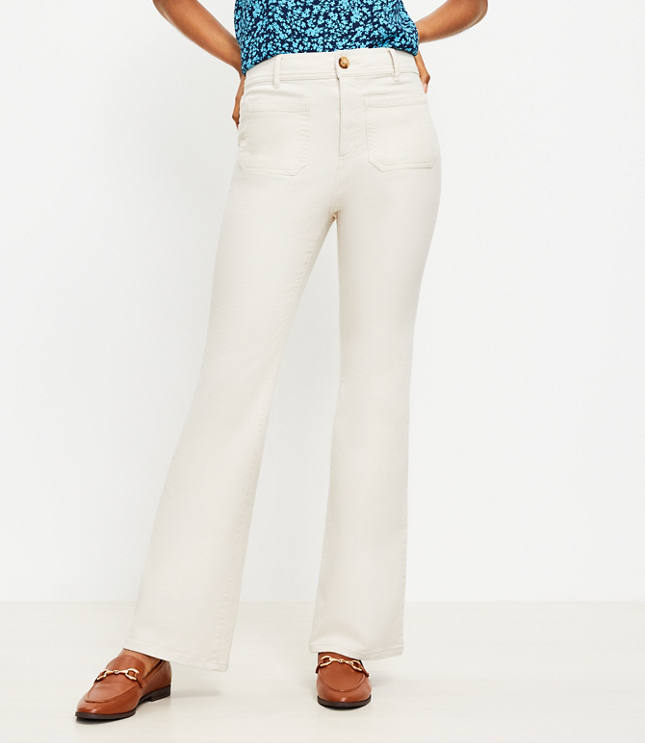 White High-Waisted Side Slit Flare Pants with Pockets