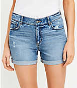 Petite Mid Rise Denim Roll Shorts in Classic Mid Stone Wash carousel Product Image 2