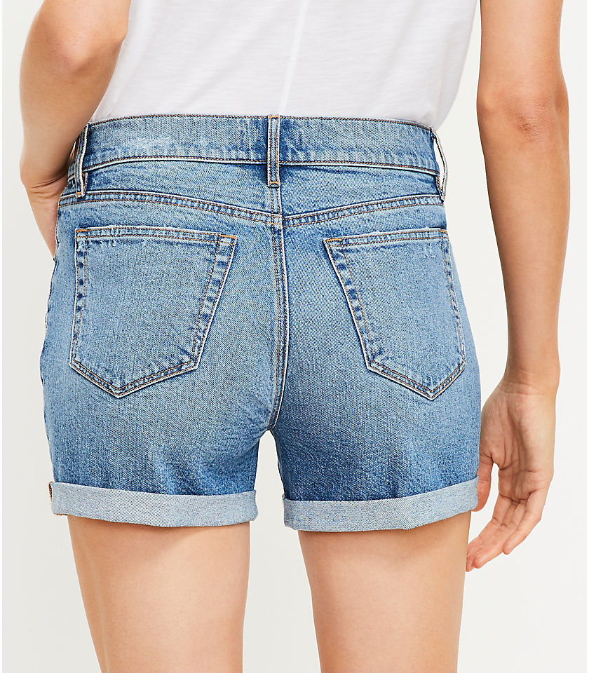 Petite Mid Rise Denim Roll Shorts in Classic Mid Stone Wash