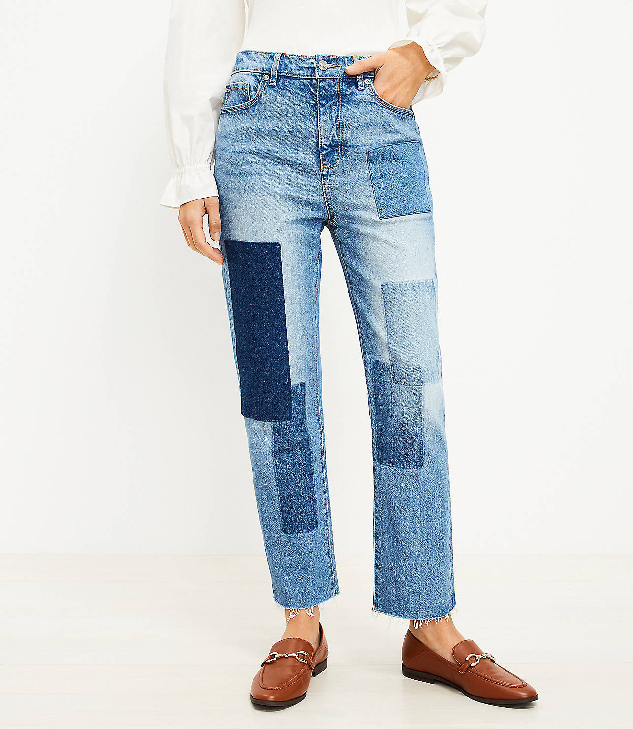 reaction lesson Beer Petite High Rise Straight Crop Jeans in Patched Light Indigo Wash