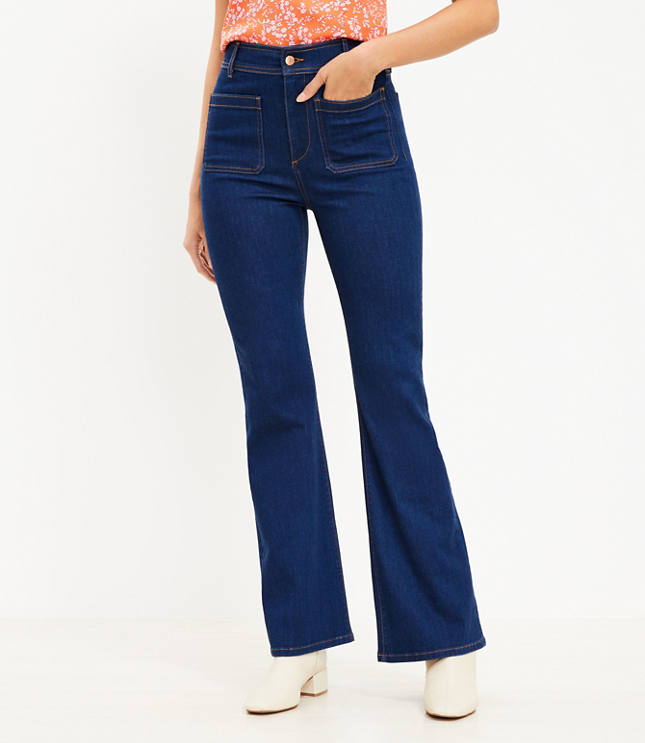 Petite Patch Pocket High Rise Slim Flare Jeans in Classic Mid Indigo Wash