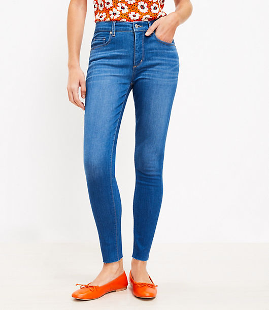 Loft Petite Chewed Hem Mid Rise Skinny Jeans in Bright Mid Vintage Wash