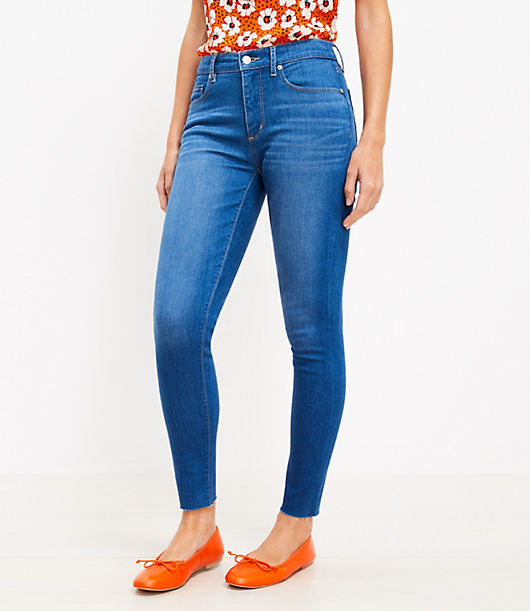 Loft Curvy Chewed Hem Mid Rise Skinny Jeans in Bright Mid Vintage Wash