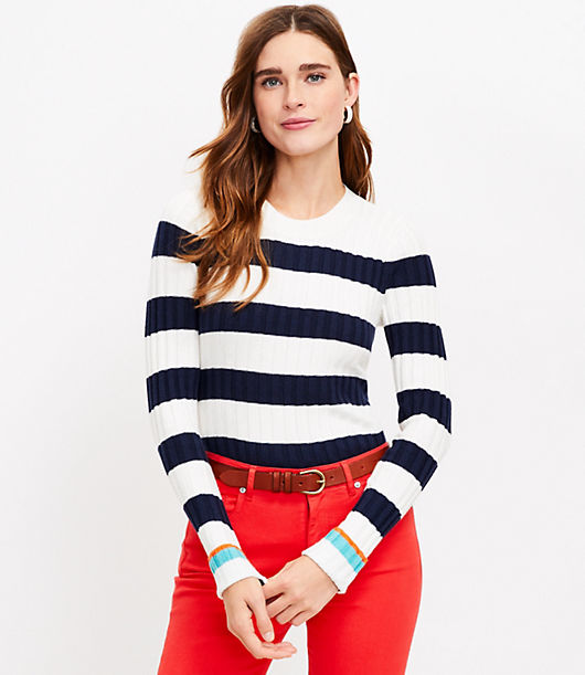 Loft Petite Stripe Cuffed Ribbed Sweater