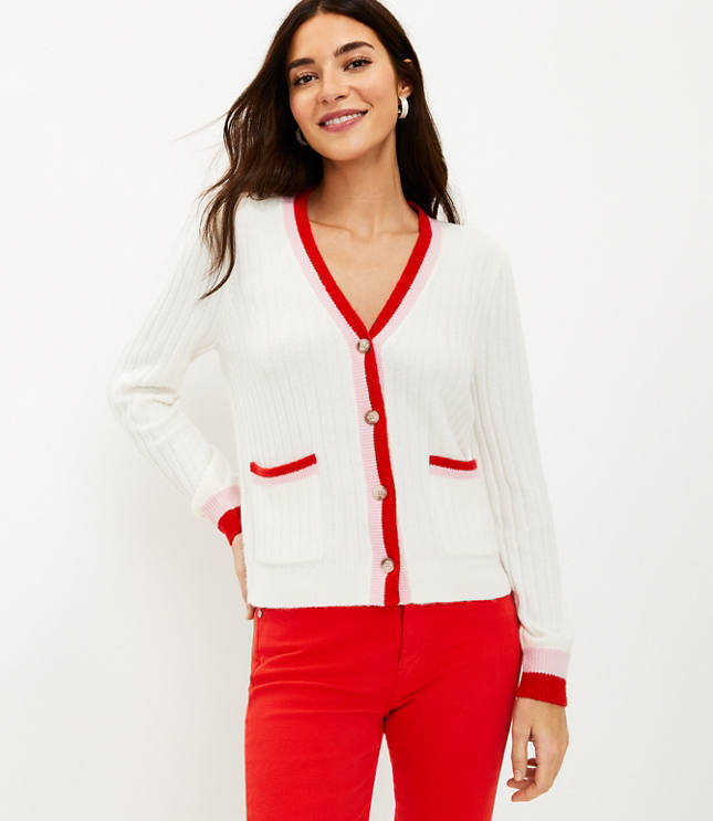 Petite Tipped Puff Sleeve V-Neck Cardigan