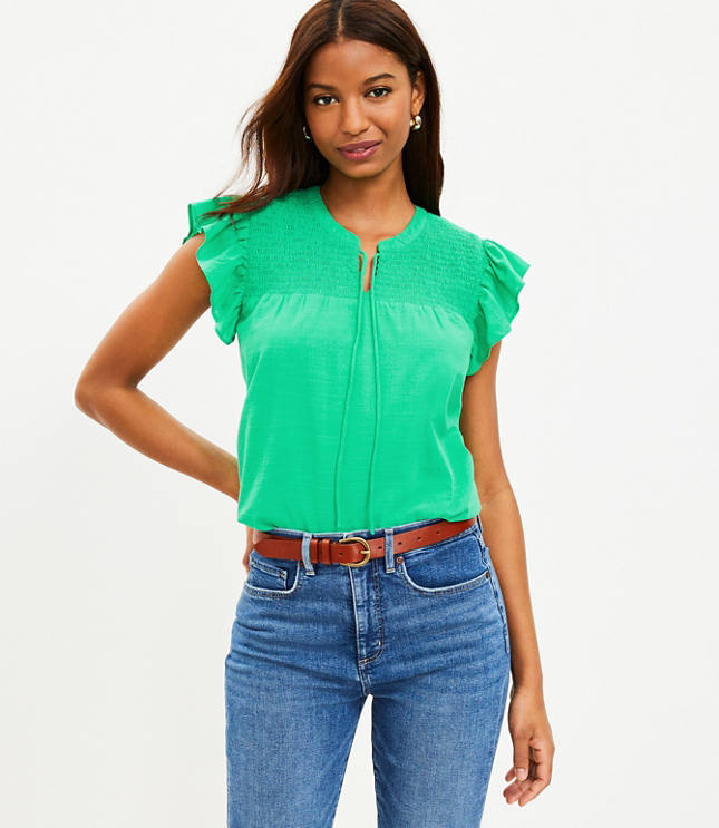 Smocked Ruffle Tie Neck Top