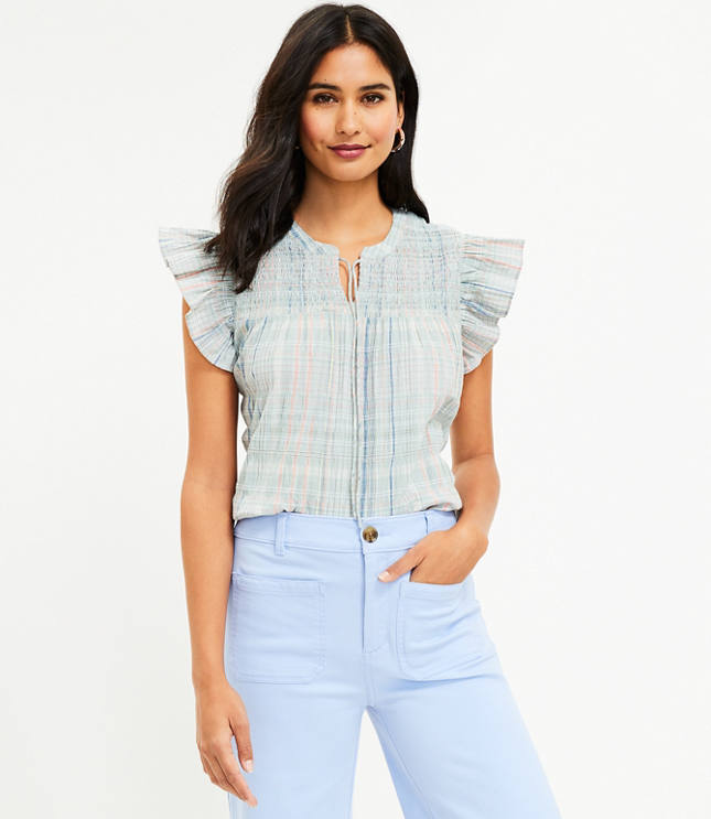 Plaid Smocked Ruffle Tie Neck Top