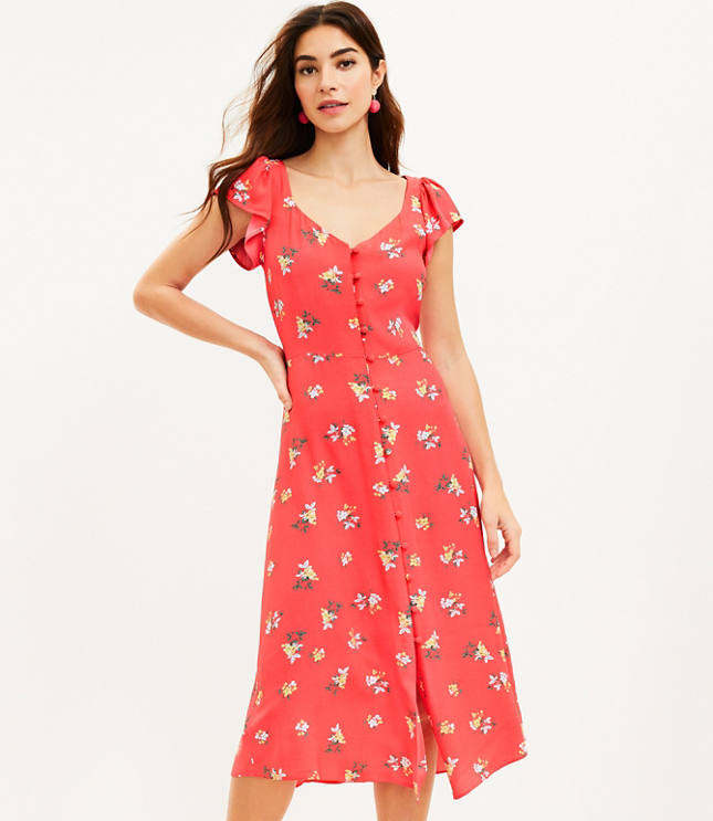 Floral Cap Sleeve Button Midi Dress