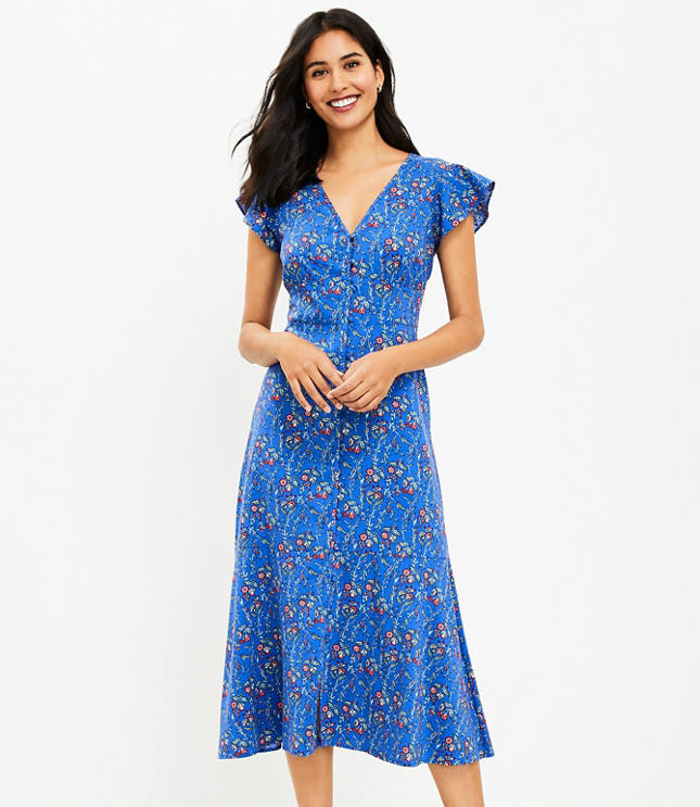 Floral Flutter V-Neck Midi Dress