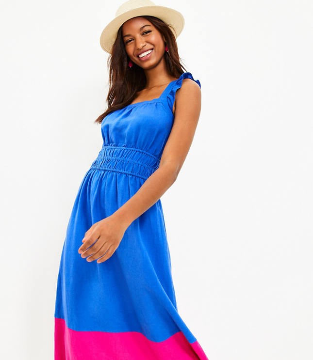 Trendy Square Neck Striped Ruffle Midi Dress