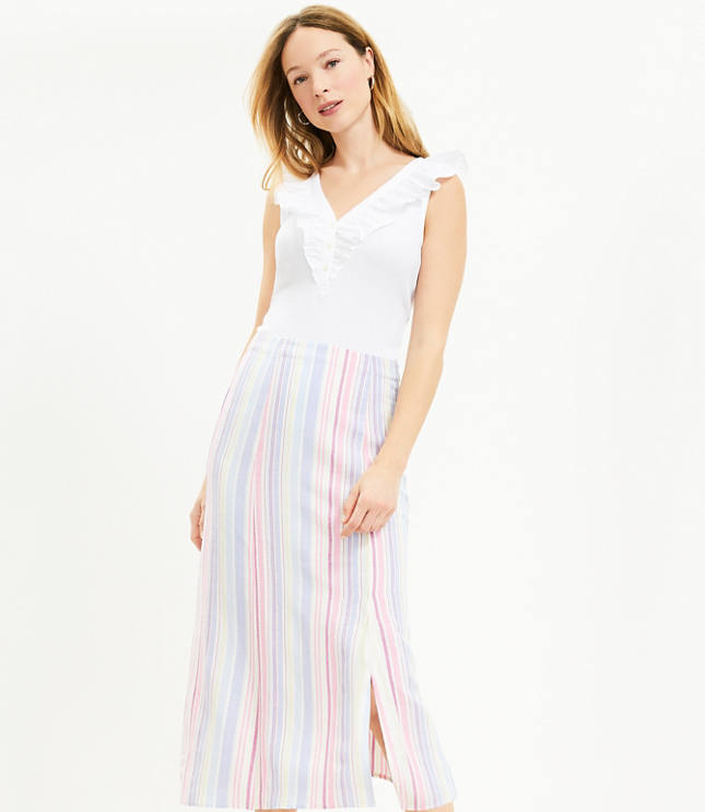 Striped Side Slit Midi Skirt - Multi