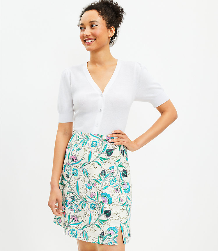 Floral Side Slit Linen Blend Skirt image number 0
